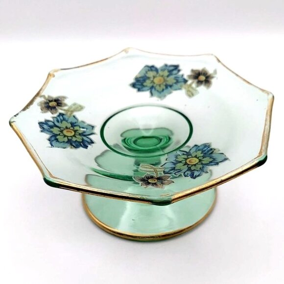 Vintage Green Glass Bon Bon Candy Dish Compote w/ Floral Design & Gold Trim - Picture 1 of 6